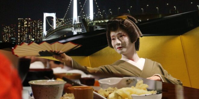 Makan dalam waktu malam hari mengarungi Tokyo dalam tempat kapal Yakatabune sama-sama Geisha